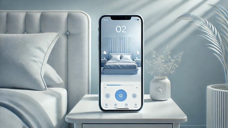 スマートフォンと静かな寝室の風景。効果的な睡眠アプリの使用を示すシンプルで落ち着いたイメージ。ブルーとホワイトを基調にした穏やかなデザイン。