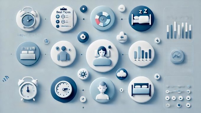 睡眠アプリを効果的に活用するためのコツを示すインフォグラフィック。定期的なアプリ使用、データ分析、スマートアラームの設定、複数アプローチの組み合わせをアイコンで表現。